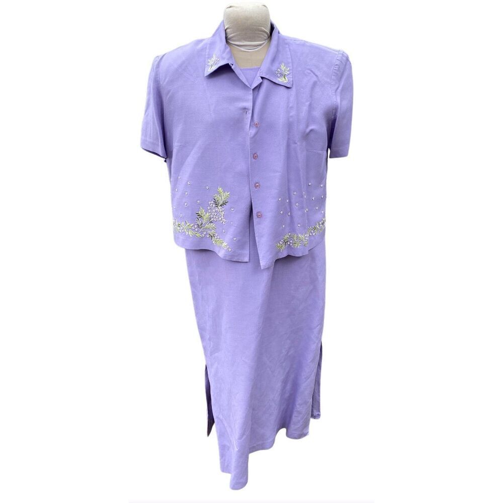 Positive Attitude Linen Blend Dress/Jacket Embroidered Maxi Sz. 16